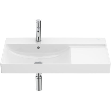 Roca – Lavabo suspendu rectangulaire en porcelaine FINECERAMIC® 800x460mm – Capacité 6,9L – Installation murale avec tablette intégrée à gauche