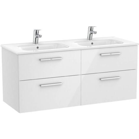 Roca – Meuble double vasque avec 4 tiroirs – Installation murale – Lavabos en porcelaine – Porte coulissante – Panneau de particules blanc brillant