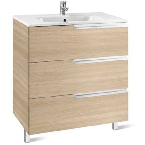 Roca – Meuble double vasque suspendu 700mm – 3 tiroirs à fermeture amortie – Lavabo en porcelaine – Finition chêne texturé