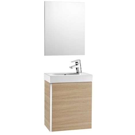Roca – Meuble lave-mains suspendu 450mm – Miroir 450mm – Chêne – Système d'ouverture amortie – Lave-mains céramique percé à droite