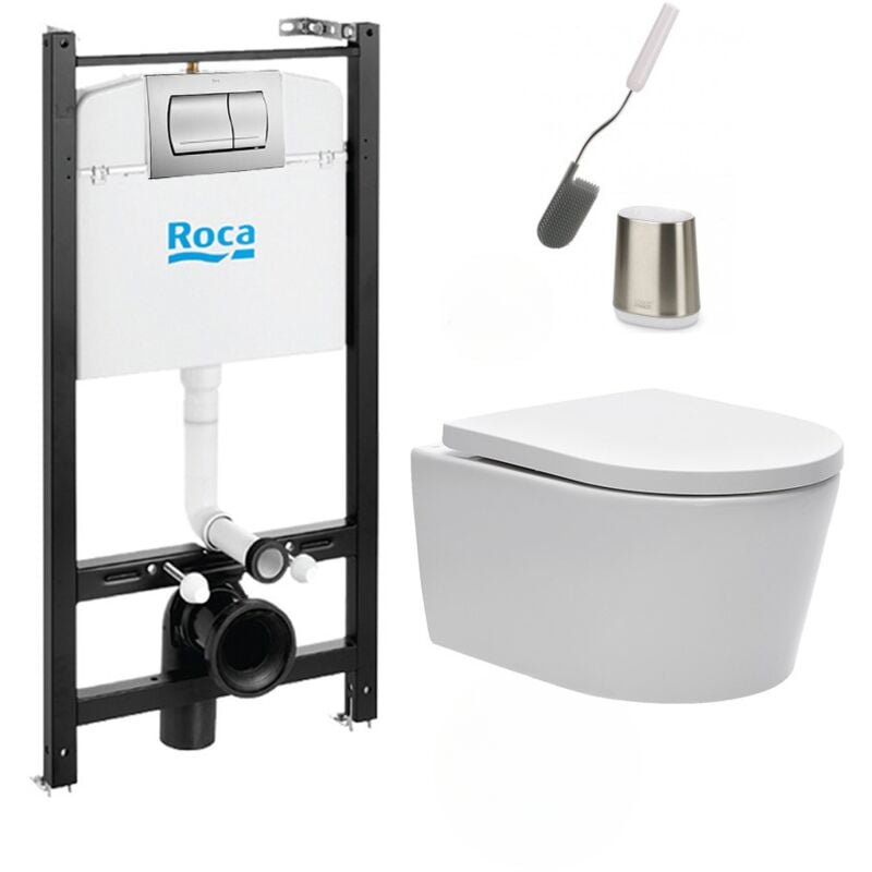 Pack Bâti-support Roca Active + wc sans bride et fixations invisibles + plaque chrome mat + brosse de toilette - Swiss Aqua Technologies