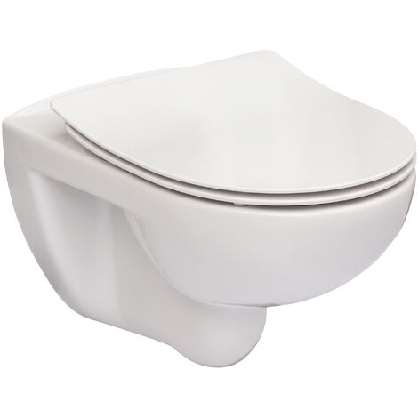 Roca – Pack cuvette WC suspendue Victoria – Abattant double slim frein de chute Silencio – Forme ronde sans bride – Dimensions 370x540x390mm
