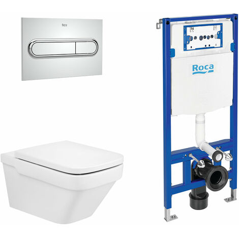 ROCA PACK DAMA+DUPLO Inodoro Suspendido Rimless Pulsador Cromo - Asiento: Caida Amortiguada - ref: A34678L+A801782004+A890070020+A890195001
