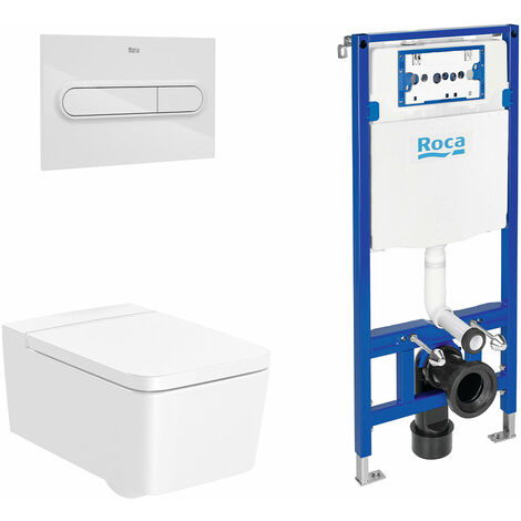 ROCA PACK INSPIRA SQUARE+DUPLO Inodoro Suspendido Rimless Pulsador Blanco - ref: A346537000+A801532+A890070020+A890195000