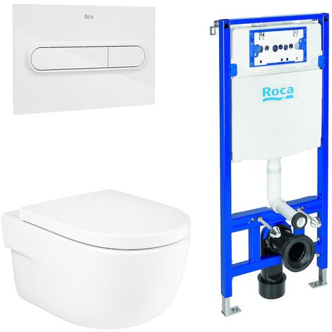 ROCA PACK MERIDIAN+DUPLO Inodoro Suspendido Rimless Pulsador Blanco - Asiento: Caida Amortiguada - ref: A34624L+A8012A200B+A890070020+A890195000