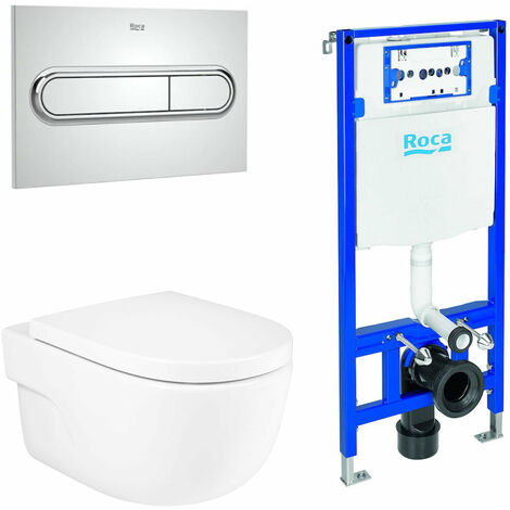 ROCA PACK MERIDIAN+DUPLO Inodoro Suspendido Rimless Pulsador Cromo - Asiento: Caida Normal - ref: A34624L+A8012A000B+A890070020+A890195001