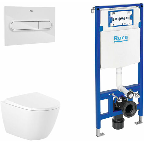 ROCA PACK ONA COMPACTO+DUPLO Inodoro Suspendido Rimless Pulsador Blanco - Asiento: Caida Normal - ref: A346688+A801E20001+A890070020+A890195000
