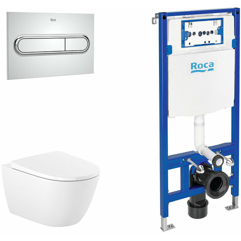 ROCA PACK ONA+DUPLO Inodoro Suspendido Rimless Pulsador Cromo - Asiento: Caida Amortiguada - ref: A346687+A801E12001+A890070020+A890195001