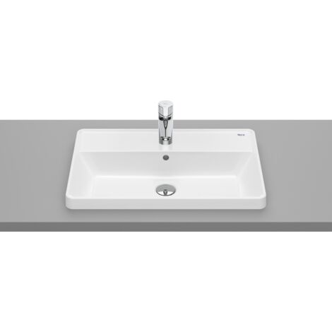 Roca – Vasque à poser carrée avec trou robinet 600x390x130 mm – Porcelaine – Installation comptoir – Tablette intégrée pour optimisation espace