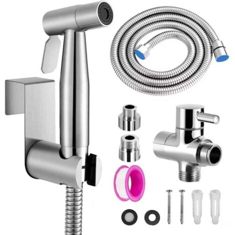 Rociador de bidé portátil de acero inoxidable con válvula de 3 vías (1/2"-3/8"), ideal para la higiene y la limpieza personal.