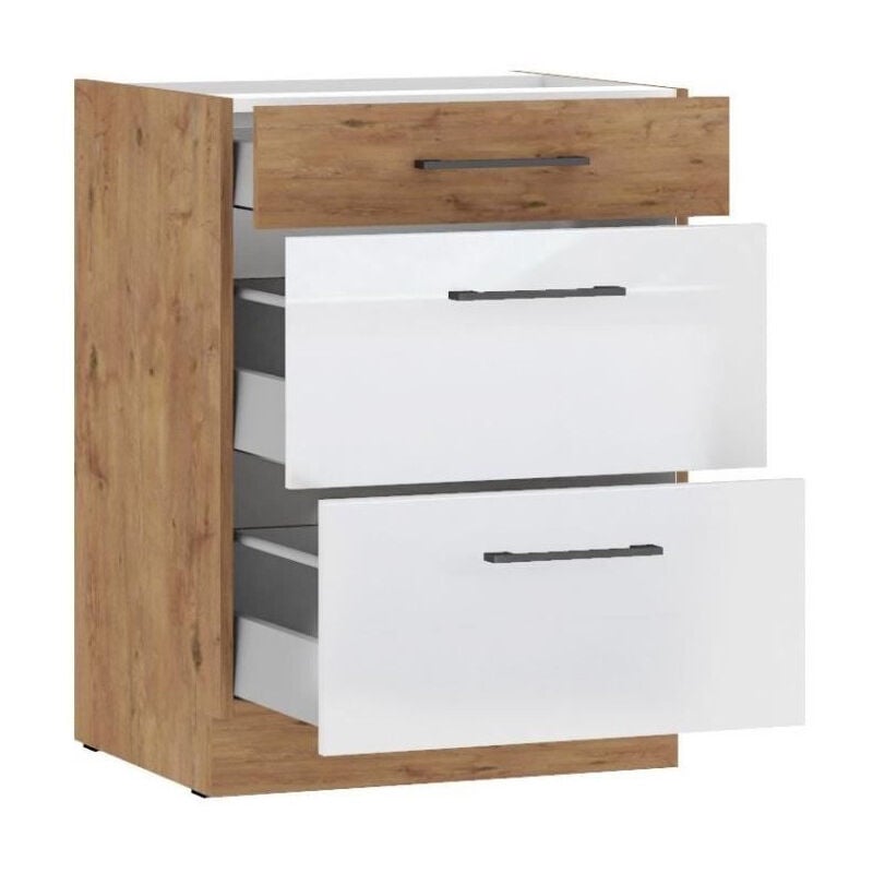 ROCK - Meuble bas casserolier - Mélaminé chene Lancelot et Blanc brillant - 60 cm - 3 tiroirs