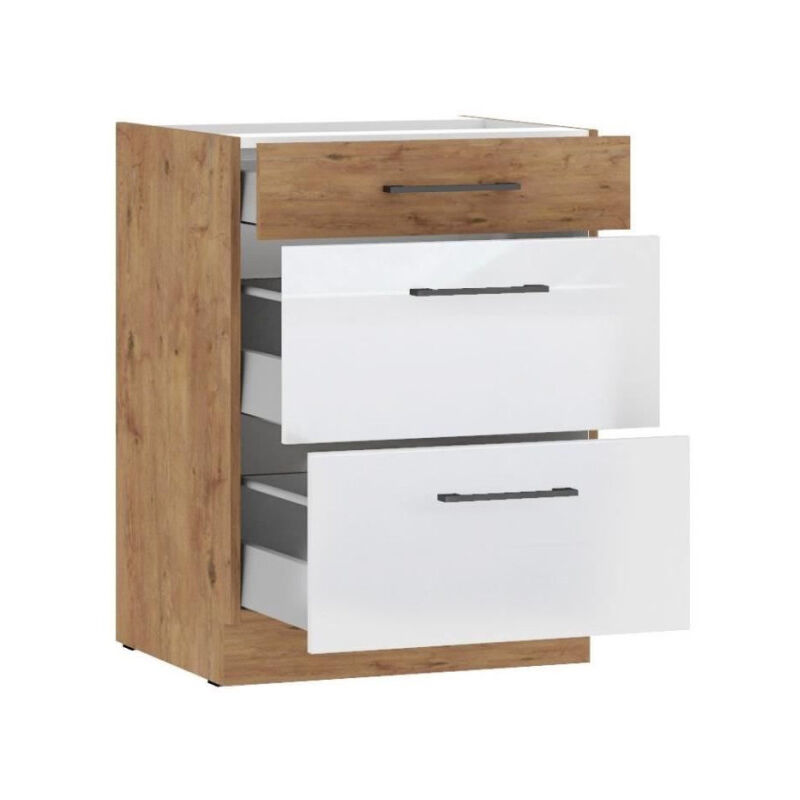 ROCK - Meuble bas casserolier - Mélaminé chene Lancelot et Blanc brillant - 60 cm - 3 tiroirs - Plan de travail non inclus