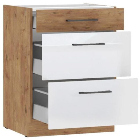 ROCK - Meuble bas casserolier - Mélaminé chene Lancelot et Blanc brillant - 60 cm - 3 tiroirs - Plan de travail non inclus