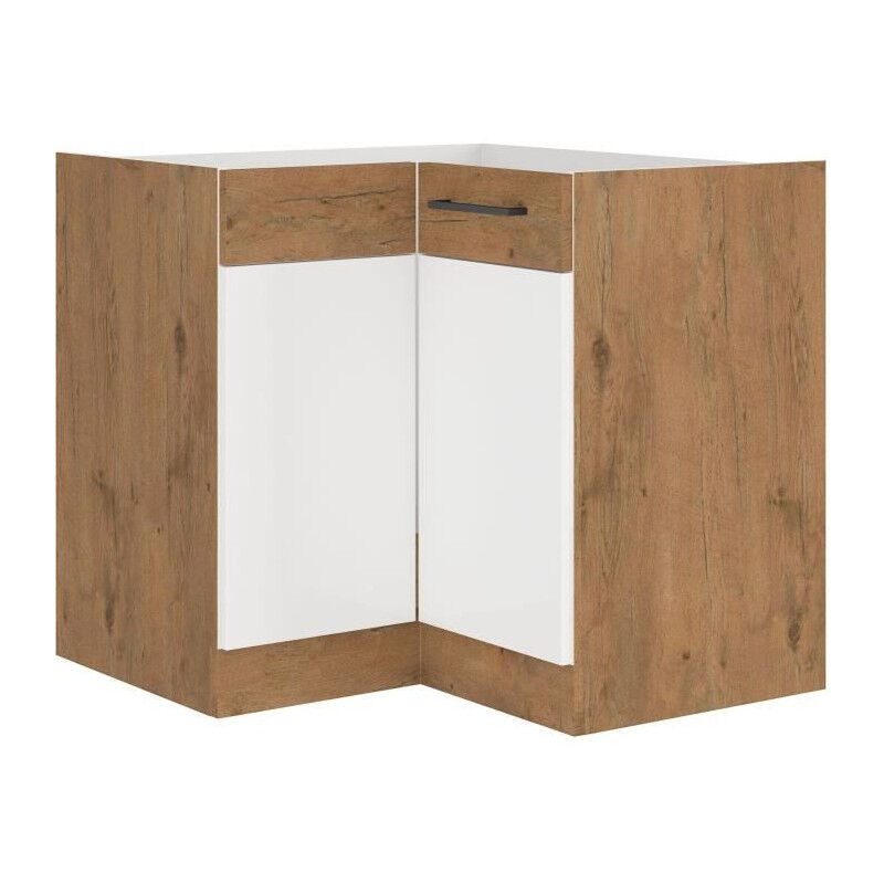 ROCK - Meuble bas d'angle - Mélaminé chene Lancelot et Blanc brillant - 89 x 89 cm