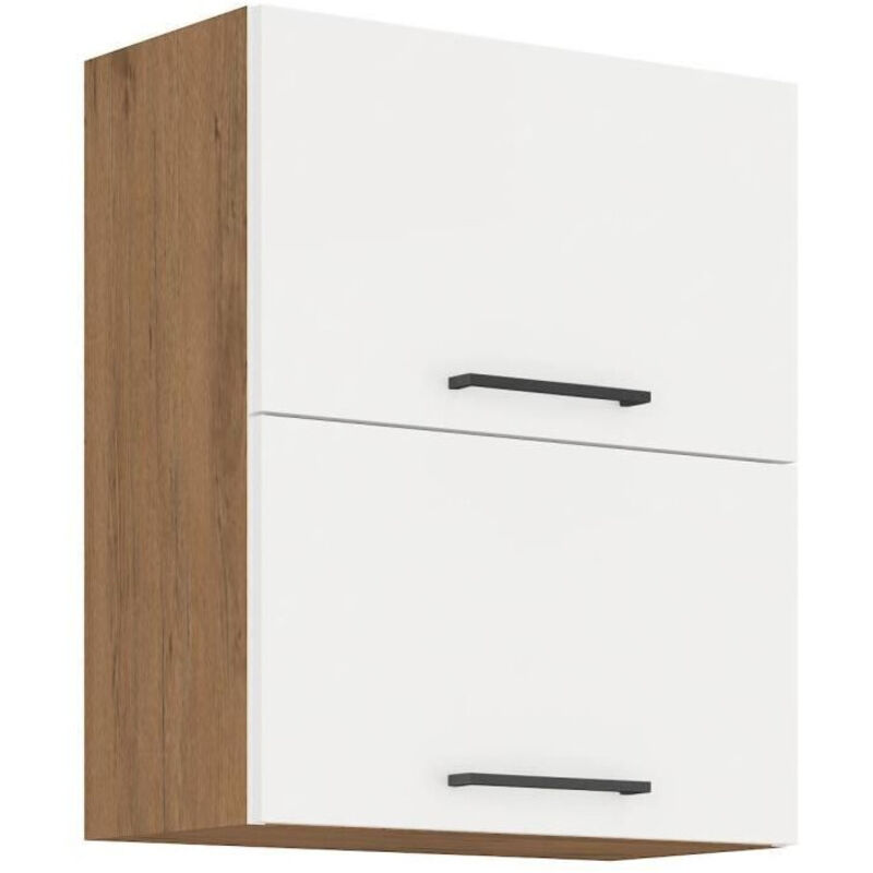 ROCK - Meuble haut - Mélaminé chene Lancelot et Blanc brillant - 60 cm - 2 portes basculantes