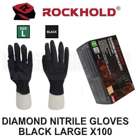 ROCKHOLD Large Nitrile Diamond Grip Gloves Heavy Duty Disposable Latex Free Black x100