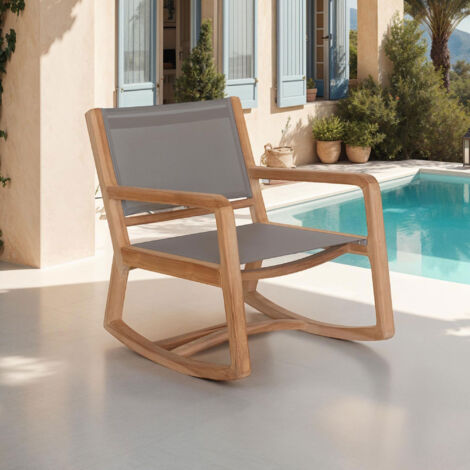Rocking chair 66x79x79 cm en textilène gris et teck massif - GARDENA