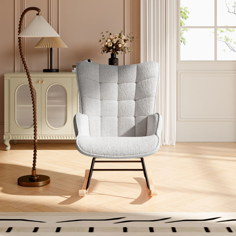 Rocking Chair 68 x 75 x 92 cm - Fauteuil à Bascule Scandinave avec Dossier à Oreilles et Accoudoirs - Polaire Teddy -Gris