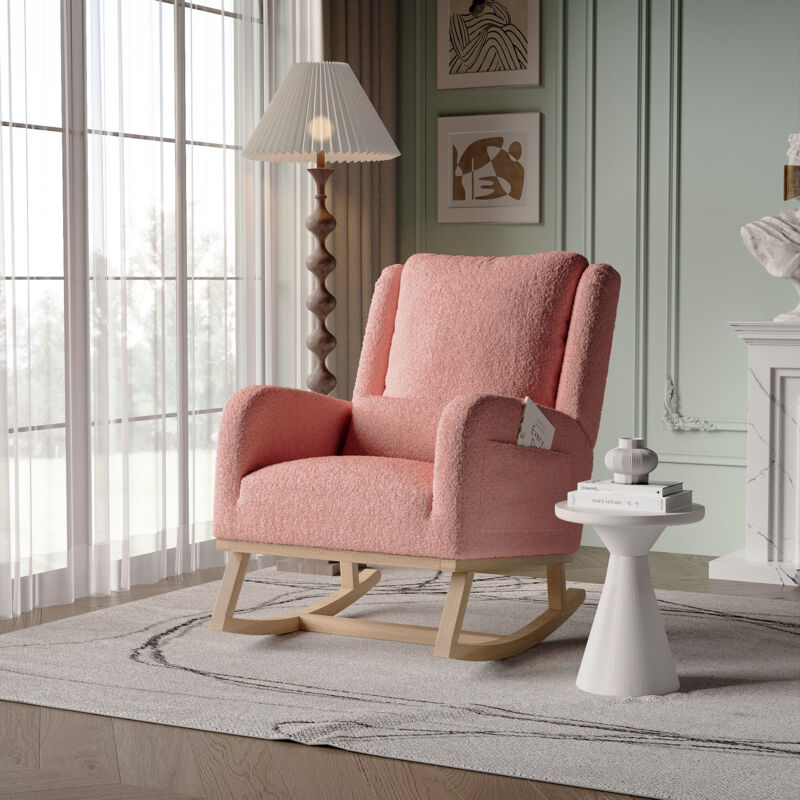 Rocking chair - 96x93x52 cm - Velours Teddy - Structure en bois massif avec barre de stabilisation, coussin lombaire et doubles poches latérales-Rose