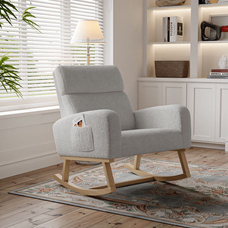 Blanketswarm - Rocking chair avec accoudoirs rembourrés, 2 poches latérales, dossier haut, base en bois,support lombaire chaise berçante, fauteuil de