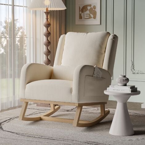 DANS LES NUAGES Rocking chair, avec poche latérale, dossier haut, coussin lombaire, dossier capitonné en lin, accoudoirs, cadre en bois, pour l’allaitement - Beige