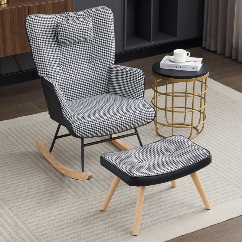 Rocking chair avec poches latérales, fauteuil à bascule avec repose-pieds et appui-tête, structure en bois massif, coussin d'assise hautement