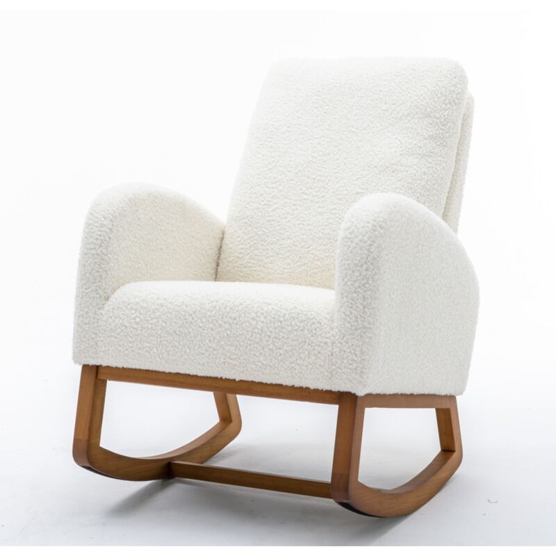 Rocking chair, avec poches, Oreiller, accoudoirs, cadre en bois, Fauteuil à bascule de capitonné en sherpa - Blanc