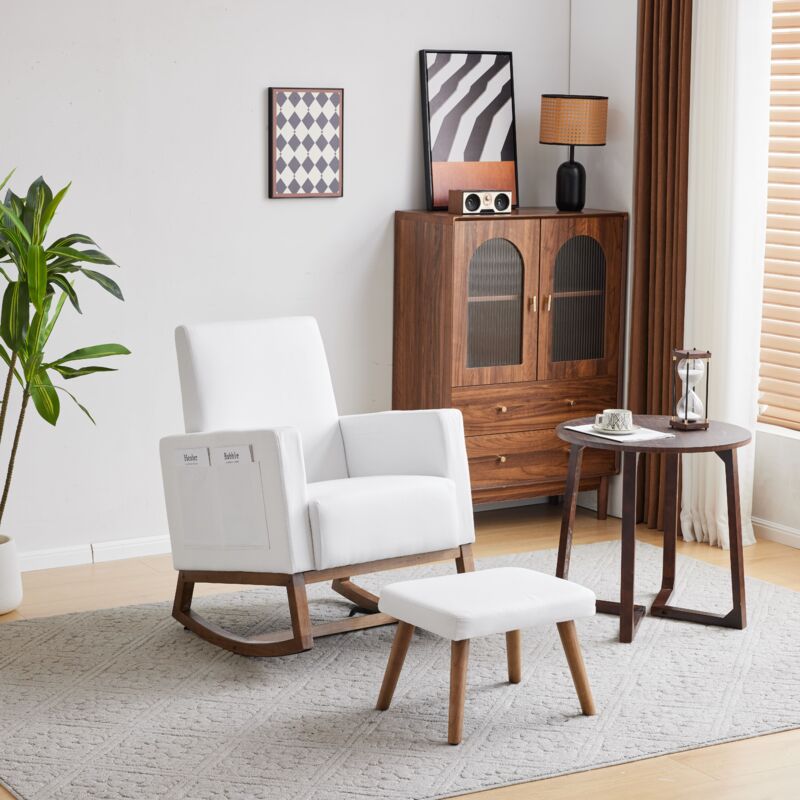 Rocking chair avec repose-pieds - en velours - Blanc