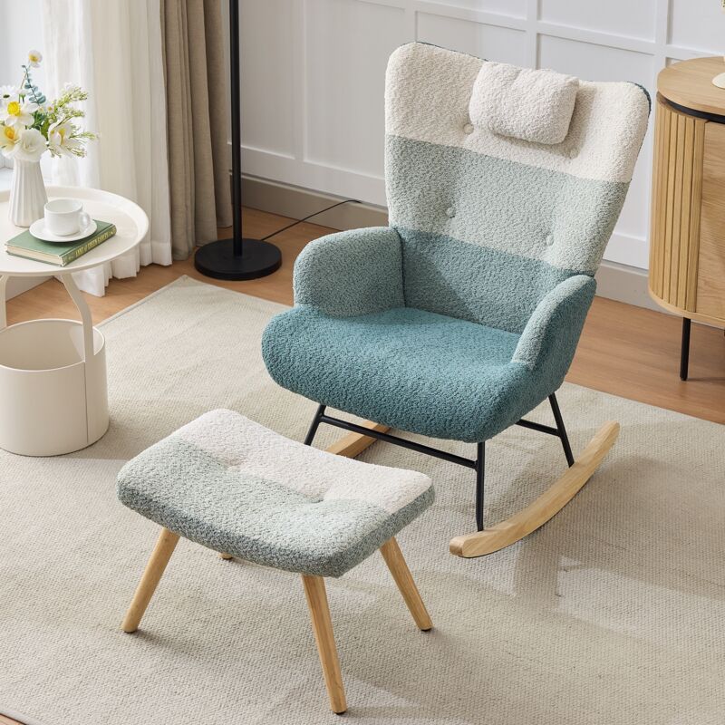 Rocking chair avec repose-pieds, fauteuil à bascule rayé patchwork coloré, pieds de fauteuil en bois d'hévéa, structure en fer, fauteuil de salon,