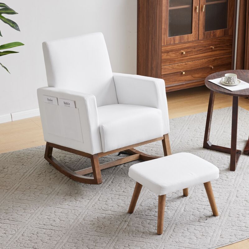 Dans Les Nuages - Rocking chair, avec tabouret, poches latérales, dossier, cadre en métal, accoudoirs, socle en bois massif, Fauteuil à bascule de