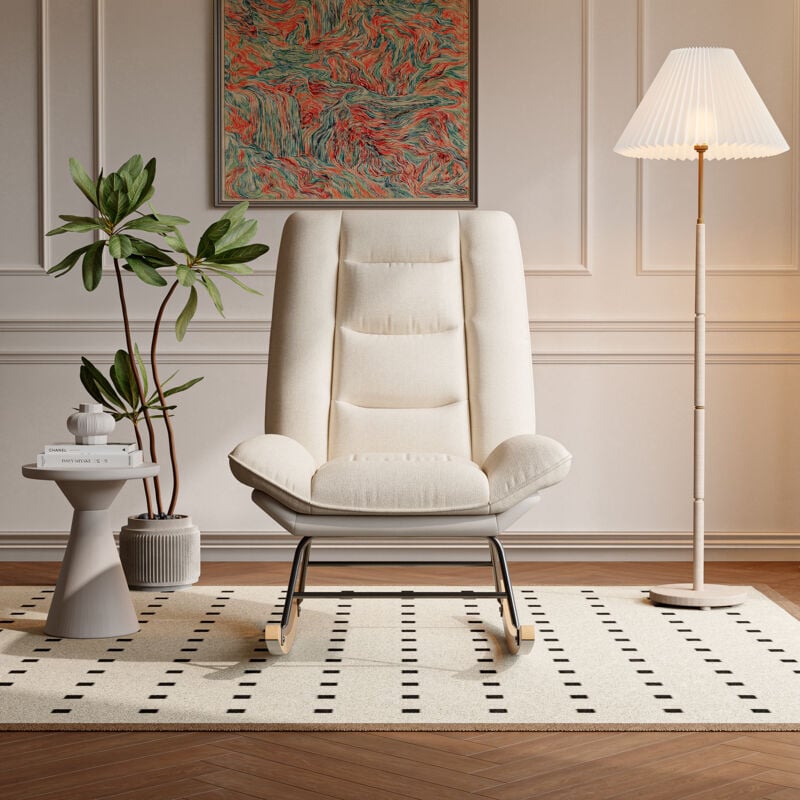Rocking chair beige, rocking chair en tissu, dossier haut, chaise de relaxation avec dossier réglable multipositions, structure hybride en bois