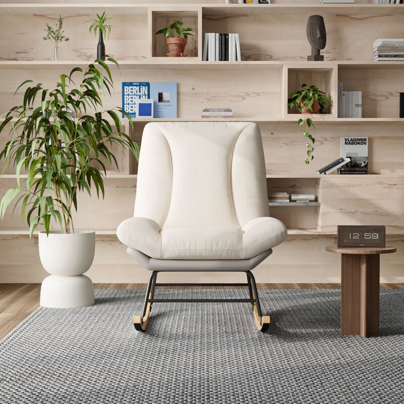 Rocking chair beige, rocking chair en tissu, haut dossier, chaise de relaxation avec dossier réglable multipositions, cadre hybride en bois massif et
