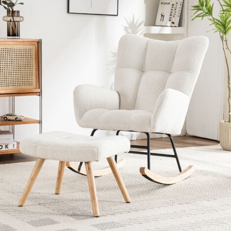 HAUSS SPLOE Rocking chair, chaise à bascule, avec repose-pieds, fauteuil relax, confortable, structure en bois d'hévéa, blanc - F