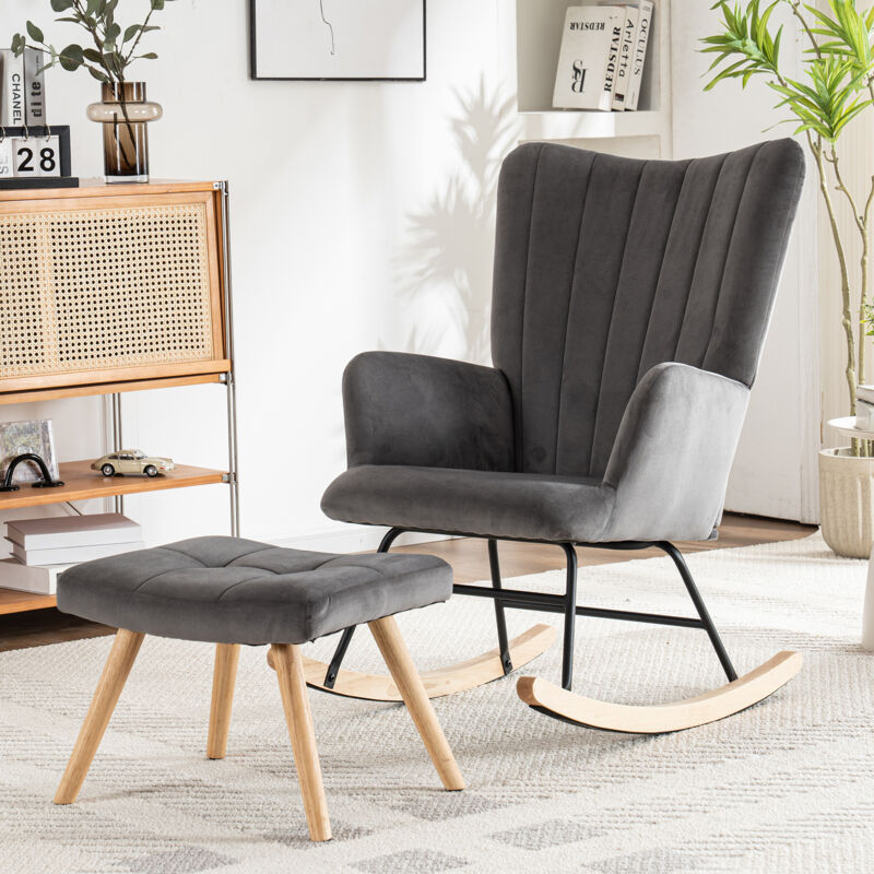 Chaise à bascule, Rocking chair avec repose-pieds, fauteuil relax, confortable, structure en bois d'hévéa, gris - B