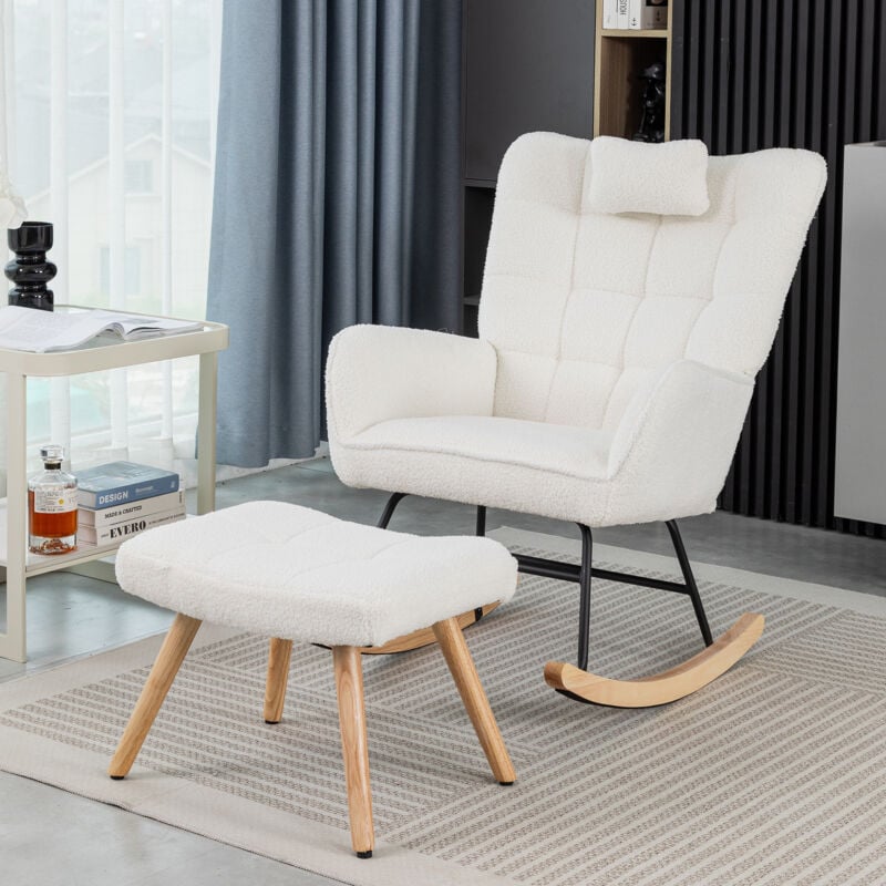 Rocking chair avec repose-pieds, chaise à bascule, fauteuil relax, confortable, structure en bois d'hévéa, blanc - A