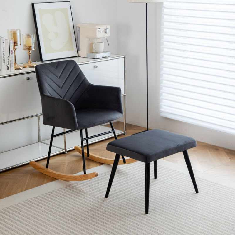 Chaise à bascule, Rocking chair avec repose-pieds, fauteuil relax, confortable, structure en bois d'hévéa, gris - a