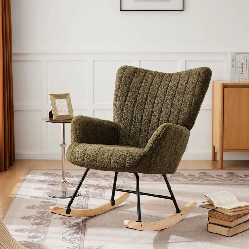 Rocking chair, Chaise à bascule, fauteuil relax, chaise simple de loisirs, tissu pelucheux à grains, vert