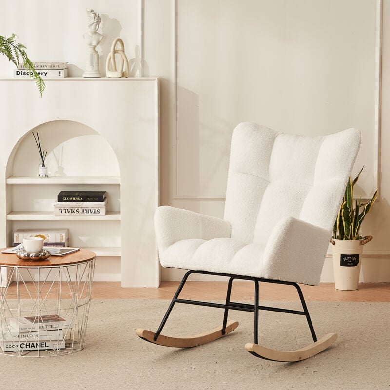 Rocking chair, chaise à bascule moderne avec dossier haut et accoudoirs, pour salon, chambre, blanc
