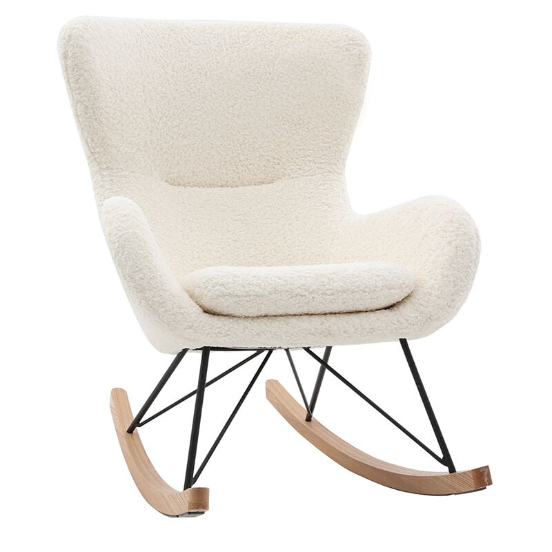 Rocking chair scandinave en tissu effet peau de mouton blanc, métal noir et bois clair eskua