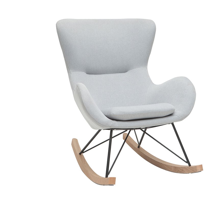 Rocking chair scandinave en tissu gris clair, métal noir et bois clair eskua