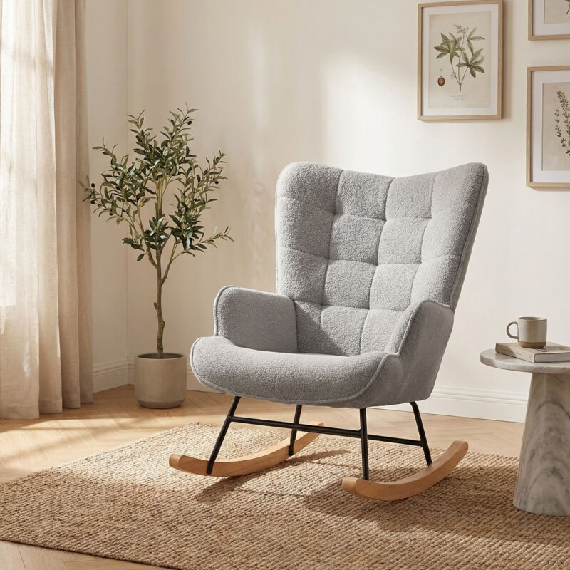 Rocking Chair en tissu bouclette gris clair - Fauteuil à bascule design scandinave pour salon ou chambre Rocking Chair en tissu bouclette gris clair - Fauteuil à bascule design scandinave pour salon ou chambre