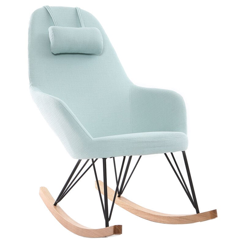 Rocking chair scandinave en tissu menthe à l'eau, métal noir et bois clair jhene