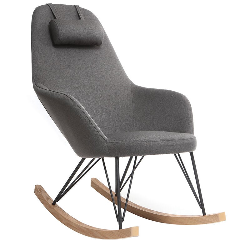 Rocking chair scandinave en tissu gris foncé, métal noir et bois clair jhene