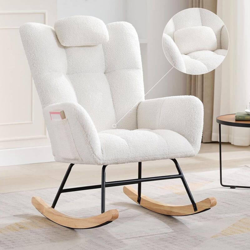 Hoerfuriy - Rocking chair Fauteuil à bascule avec dossier haut, appui-tête et coussin lombaire peluche teddy, charge jusqu'à 160 kg, beige