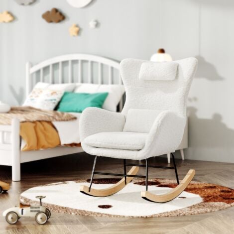 WISHDOR Rocking chair Fauteuil à bascule avec dossier haut, appui-tête et coussin lombaire peluche teddy, charge jusqu'à 160 kg, blanc