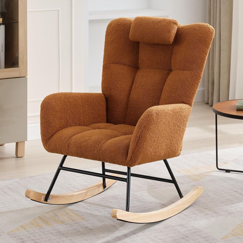 Hoerfuriy - Rocking chair Fauteuil à bascule avec dossier haut, appui-tête et coussin lombaire peluche teddy, charge jusqu'à 160 kg, marron