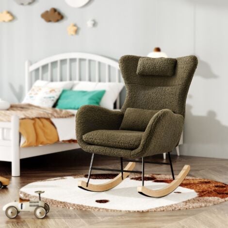 Rocking chair Fauteuil à bascule avec dossier haut, appui-tête et coussin lombaire peluche teddy, charge jusqu'à 160 kg, vert