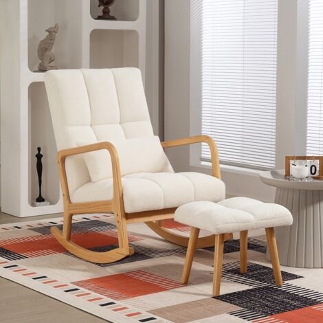 Rocking chair, Fauteuil à bascule avec repose-pieds, tissu, dossier haut confortable, pieds en bois massif, design ergonomique, Blanc