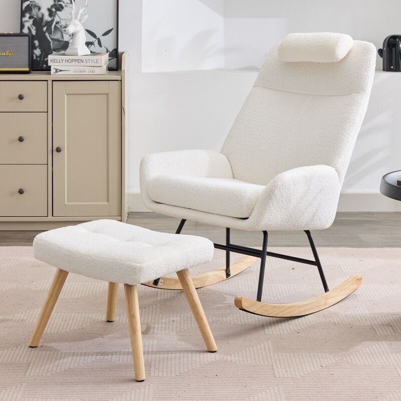 Tanant - Rocking chair, Fauteuil à bascule avec repose-pieds, velours Teddy, avec accoudoirs et appui-tête confortable, cadre noir, pieds en hévéa,