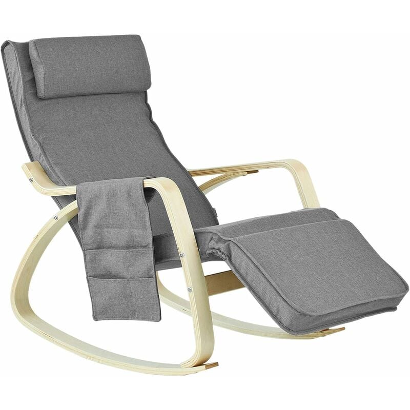 rocking chair fauteuil à bascule berçante avec repose-pieds réglable bouleau + 1 pochette latérale gratuite fst18-dg sobuy